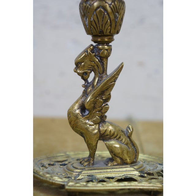 Metal Vintage Brass Griffin Dragon Sphynx Hurricane Candle Holder Chamberstick 7" For Sale - Image 7 of 14