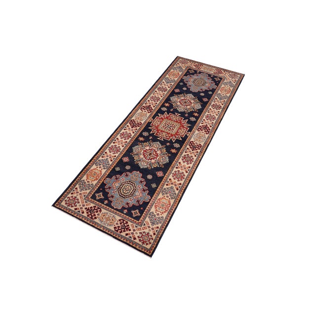 Bohemian Kazak Karina Blue/Beige Wool Runner Rug- 2'8''x7'9'' For Sale - Image 9 of 10