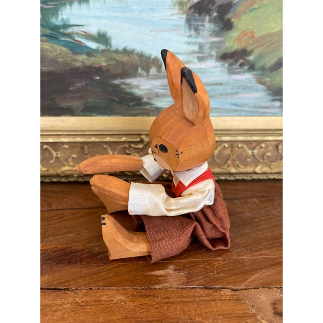 Vintage Hand-Carved Wooden Rabbit Doll With Articulated Limbs and Handmade Clothing. For Sale - Image 4 of 10