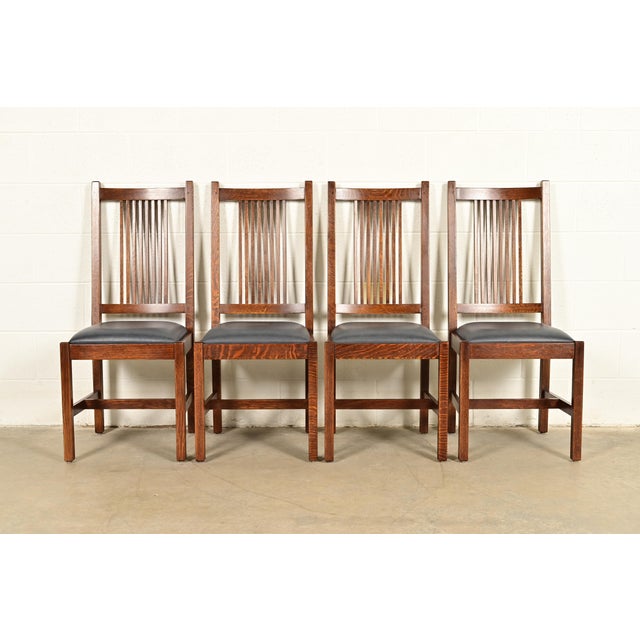 L. & J.G. Stickley, Inc. Stickley Mission Oak Arts & Crafts Spindle Back Dining Chairs | Set of Four For Sale - Image 4 of 15