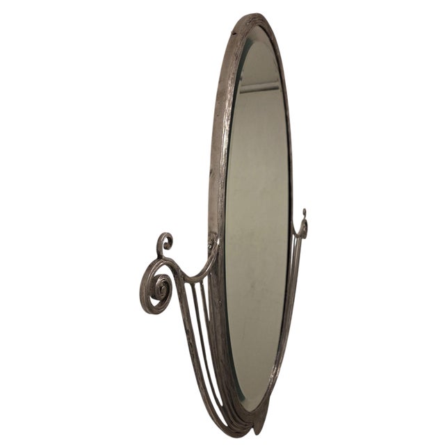 French Art Deco Hand Wrought Nickeled Iron Oval Mirror W/ Linear & Scroll Detail For Sale - Image 10 of 16