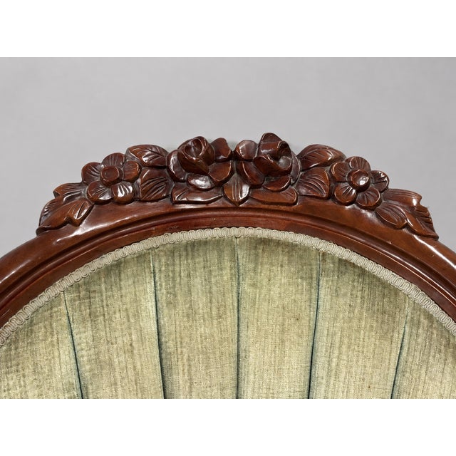 Green Mid 20th Century His and Hers Victorian Carved Floral Parlor Chairs - Set of 2 For Sale - Image 8 of 14