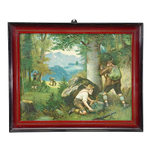 Antique Oil Print With Black Forest Poacher Scene After Josef Ringeisen