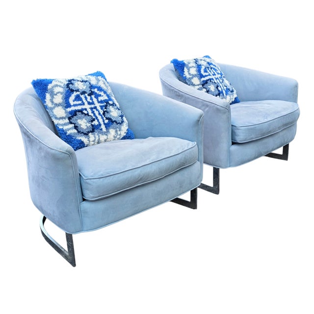 This Pair of Mid-Century chrome strap barrel lounge chairs are beautiful tub form seating pieces with polished chrome...