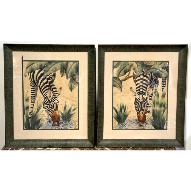 Pair of Art Deco Zebra Watercolor Gouaches by Shirrell Graves in Verde Frames For Sale - Image 11 of 16