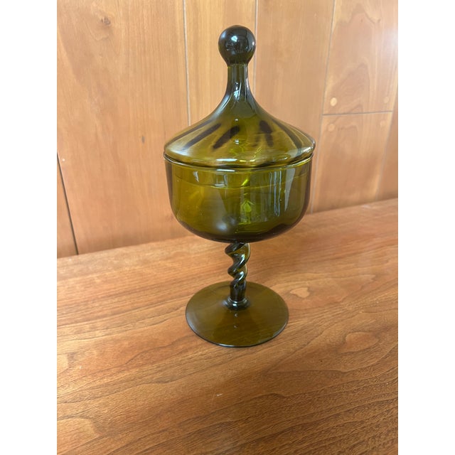 Mid 20th Century Vintage Olive Green Hand Blown Empoli Compote For Sale - Image 5 of 10