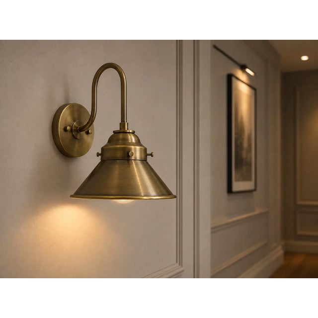 Contemporary Solid Brass Industrial Wall Sconce, Antique Brass Dome Shade, Farmhouse Bedroom Lighting For Sale - Image 3 of 11