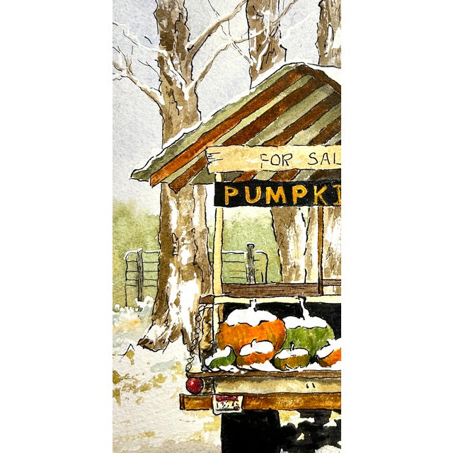 Contemporary Original Watercolor Ink and Wash Painting “Pumpkin Cart” For Sale - Image 3 of 4