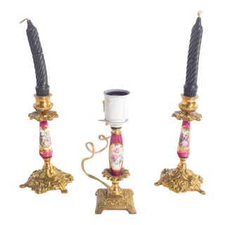 Table Lamp and Candleholders in and Metal, Set of 3 For Sale