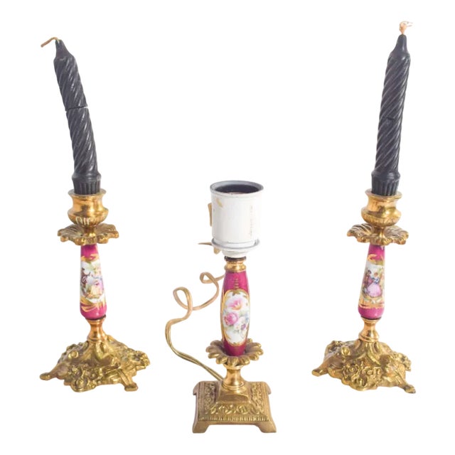 Table Lamp and Candleholders in and Metal, Set of 3 For Sale