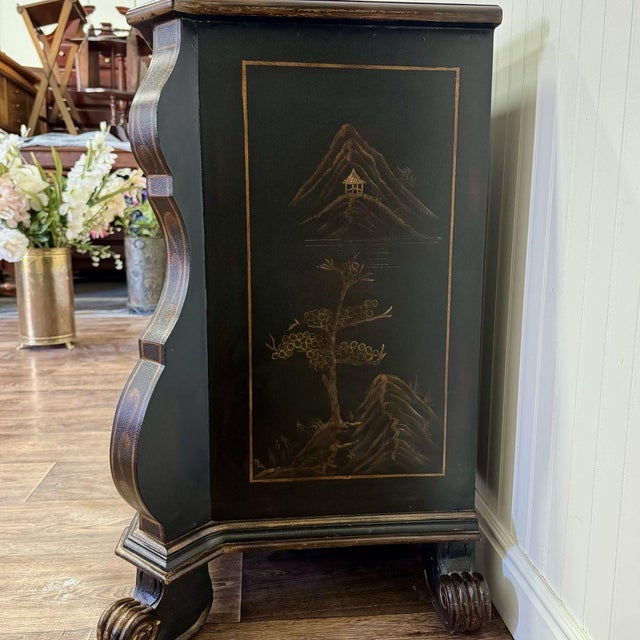 Vintage-Style Chinoiserie Black Bombe Chest | Hand-Painted Accent Dresser For Sale - Image 9 of 12