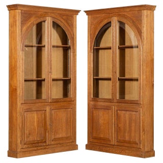 English Oak Arched Glazed Bookcase Cabinets, Set of 2 For Sale