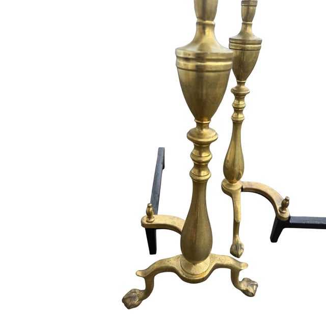 Pair 1920s Antique Brass Andirons Chippendale Claw Ball Feet Fireplace For Sale - Image 10 of 15