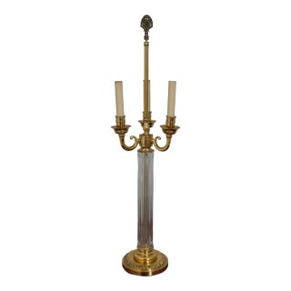 Candelabra Design Glass Column & Brass Table Lamp For Sale