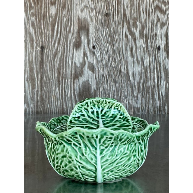 Vintage Boho Bordallo Pinheiro Glazed Ceramic Cabbage Lidded Bowl For Sale In West Palm - Image 6 of 7