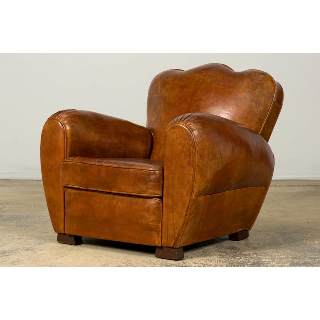 1930s French Art Deco Scalloped Back Cognac Leather Club Chairs, Pair For Sale - Image 9 of 18