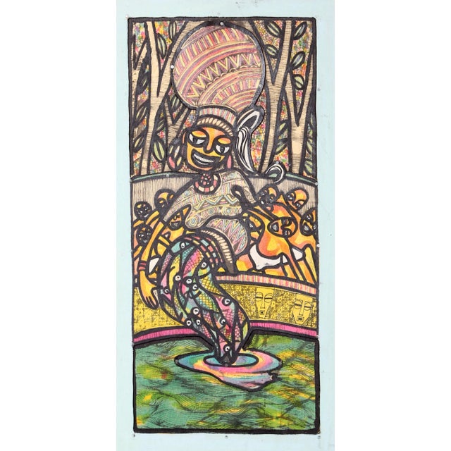 Osun, Goddess of Fertility and Prosperity, Dayo Niran Ink and Paint on Plywood, Signed L.r. For Sale - Image 4 of 4