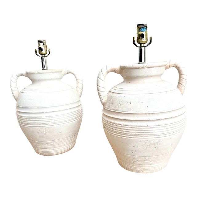 Rare Signed Sculptural, Hand-Made Danish Plaster Amphora Table Lamps by S + Mind, 1987, a Pair For Sale