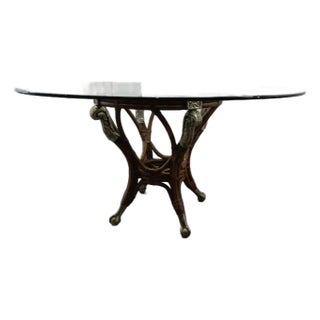 Vintage Bamboo Chippendale Pedestal Glass Dining Table, Maitland -Smith Style For Sale