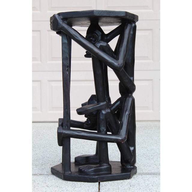Vintage African Figural Side Table – Hand-Carved Sculptural Pedestal, Tribal Art Accent Table, Dark Hardwood For Sale - Image 4 of 14