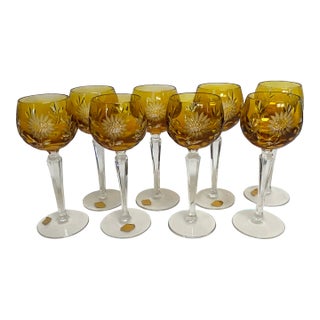 Mid-Century Hollywood Regency German Amber Hand Cut Crystal Wine Glasses - Set of 8 For Sale