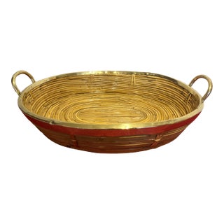 Vintage Mid-Century Rattan and Brass Basket, Italian Handmade 1970's For Sale