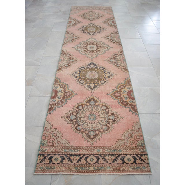 Distressed Oushak Runner Rug Faded Colors Low Pile Pink Hallway Decor - 3'1″x 12'5″ For Sale - Image 6 of 12
