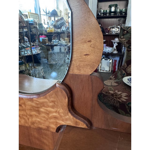 Brown 1930s Jacobean Revival Walnut and Figured Maple Vanity With Tall Arched Mirror For Sale - Image 8 of 11