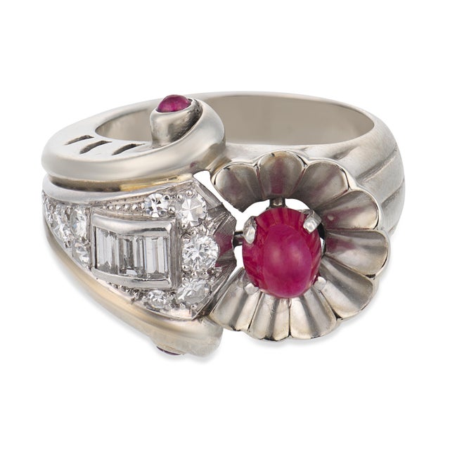 Mid-Century Modern Mid 20th Century Retro Ruby Diamond 18k White Gold Cocktail Ring, Size 6.5 For Sale - Image 3 of 6