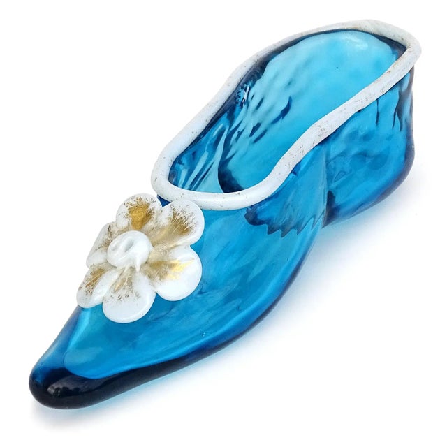 Murano Venetian Murano Antique White Blue Gold Flecks Italian Art Glass Ballet Slipper Fashion Shoe Sculpture For Sale - Image 4 of 5