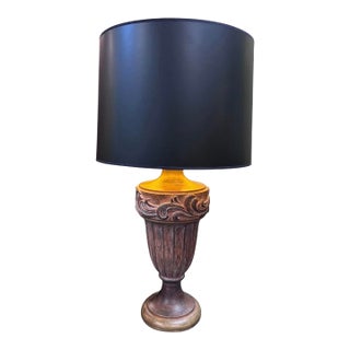 Vintage Carved Wood Urn Table Lamp With Black Drum Shade – 36”h For Sale
