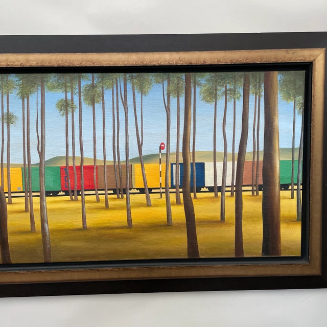 Contemporary Train and Landscape Painting In the Style of Jeffrey Smart, Framed For Sale - Image 4 of 10