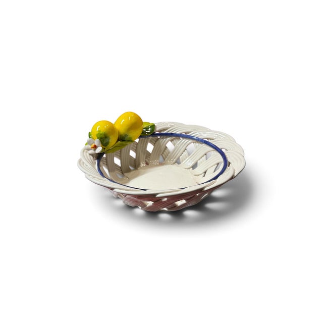 Italian Italian Ceramic Woven Basket With Lemons & Cobalt Blue Trim For Sale - Image 3 of 7