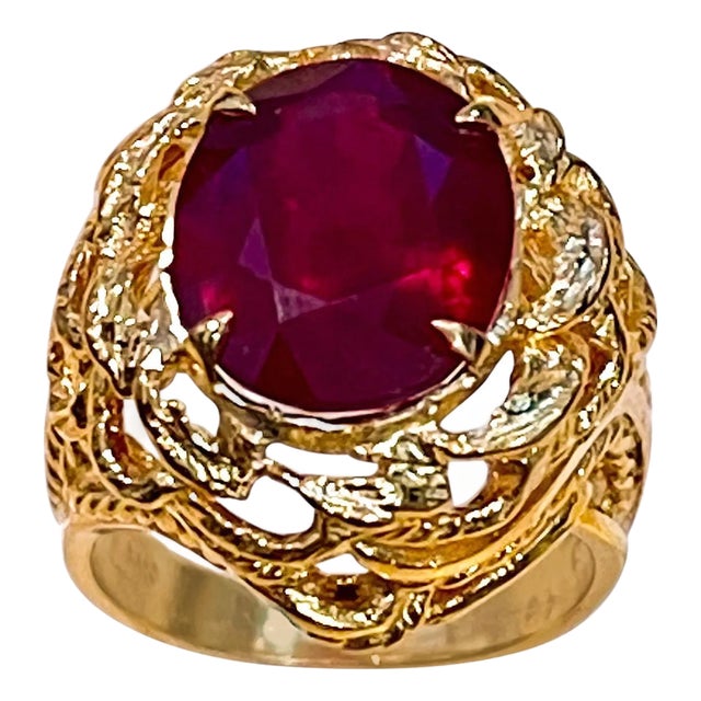 5 Carat Treated Oval Ruby 14 Karat Yellow Gold Cocktail Ring For Sale