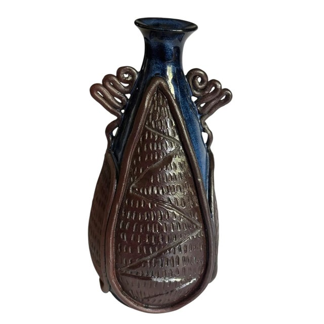 Folk Art Mid 20th Century Blue Glaze & Brown Clay Studio Pottery Overlay Vase For Sale - Image 3 of 9