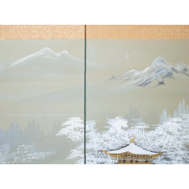 Wood 1960s Shōwa Era Japanese Silk Byobu Screen "Mountain Landscape in Winter" For Sale - Image 7 of 18