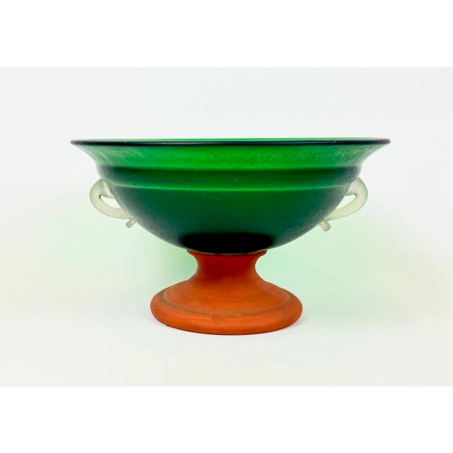 1950s Mid-Century Modern Emerald Green Frosted Glass and Terracota Pedestal Bowl, 1950s For Sale - Image 5 of 13