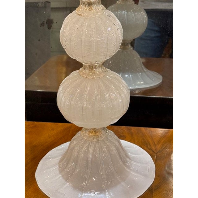 This is a lovely pair of ball form white Murano "silk" glass table lamps. Perfect for adding a luxurious and artistic...