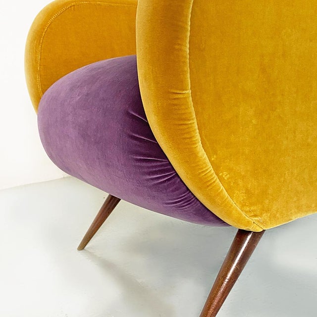 Mid-Century Italian Purple and Yellow Armchair with Wood Conical Legs, 1960s For Sale - Image 13 of 14