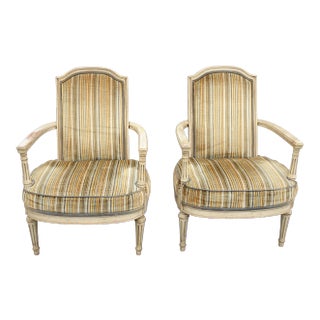 Vintage French Country Gold & Green Stripped Lounge Chairs - a Pair For Sale