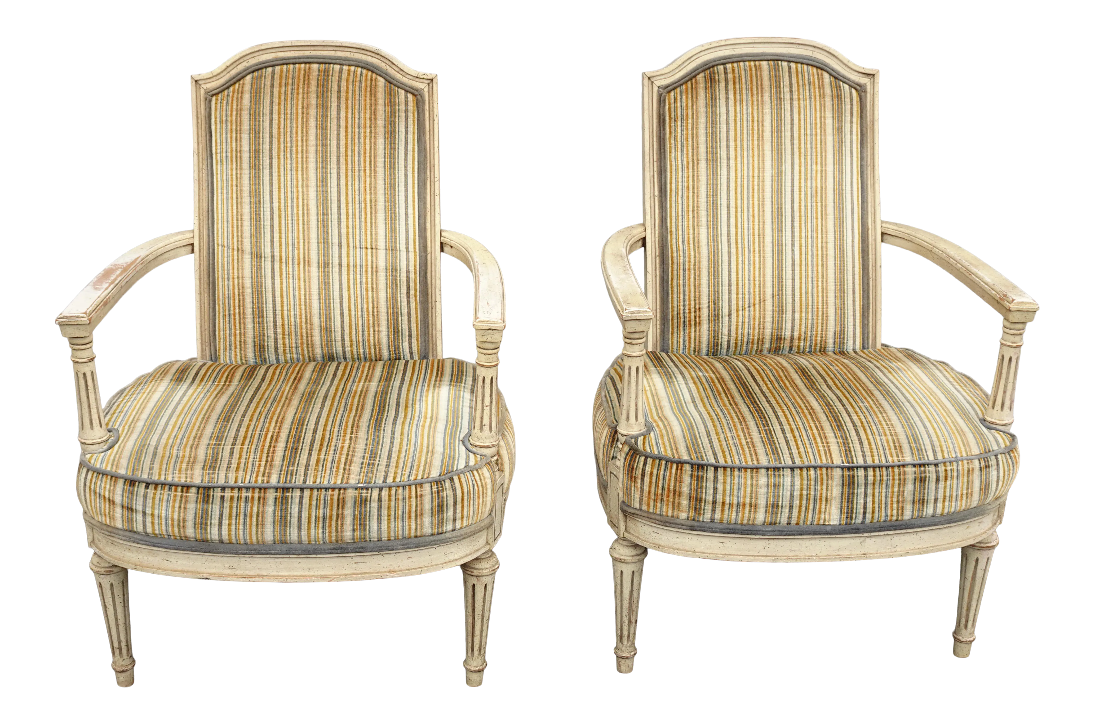 Vintage French Country Gold & Green Stripped Lounge Chairs - a Pair - image 0