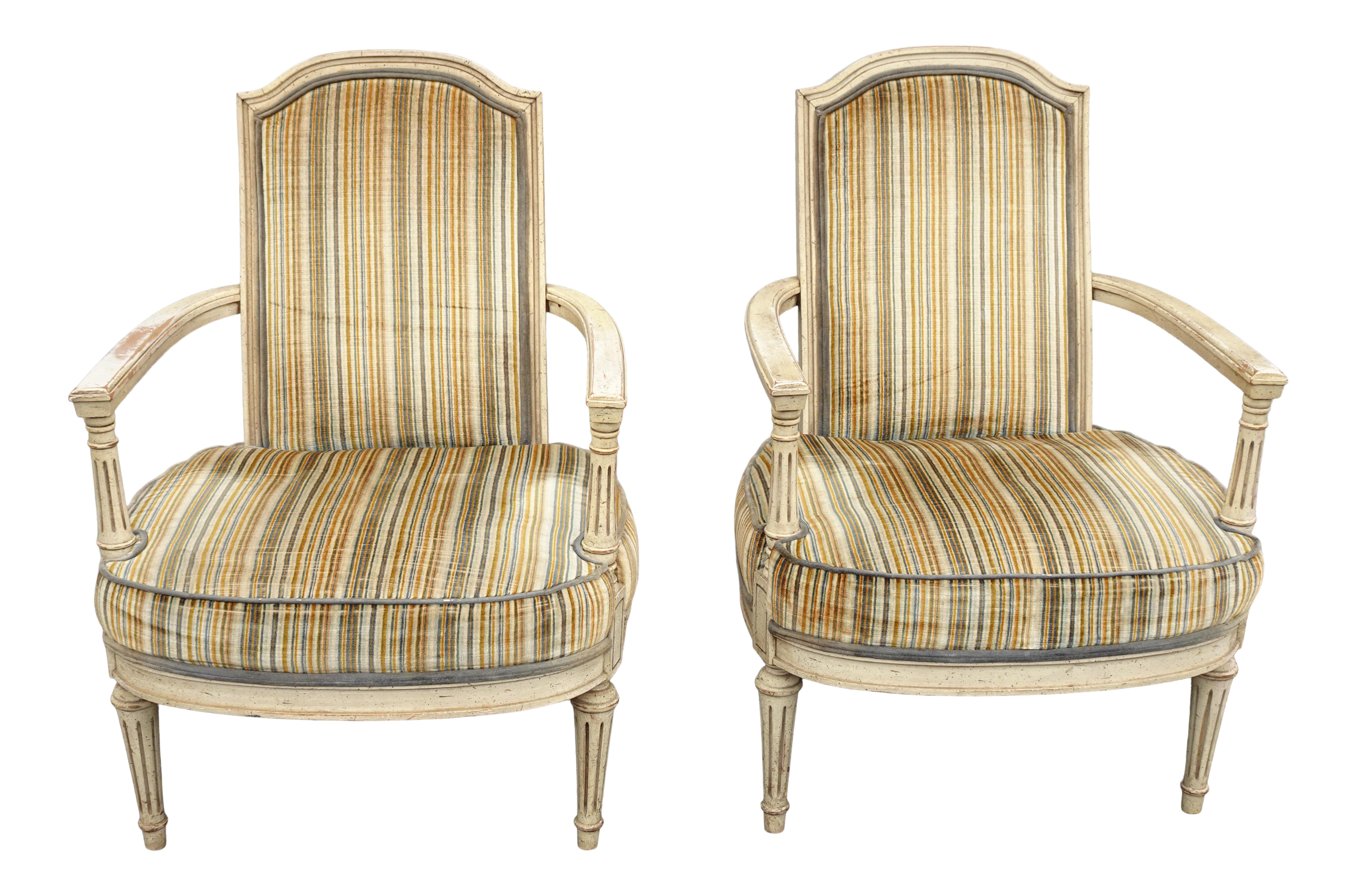 Vintage French Country Gold & Green Stripped Lounge Chairs - a Pair - image 0