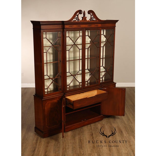 Brown Karges English Style Mahogany Breakfront China Cabinet Display Bookcase with Carved Pediment and Silk Backing For Sale - Image 8 of 18