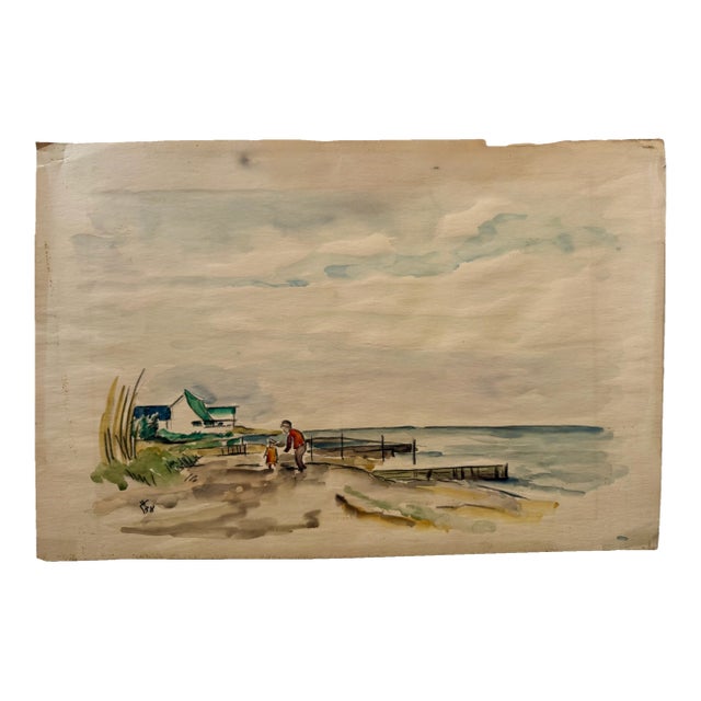Henry Emil Salloch Original Watercolor on Paper Coastal Beach Scene, 1938. For Sale