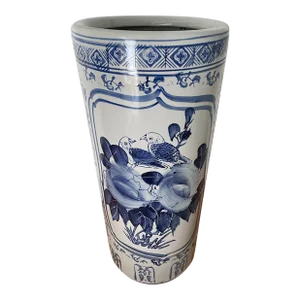 Late 20th Century Vintage Blue and White Chinese Porcelain Umbrella Stand Chinoiserie