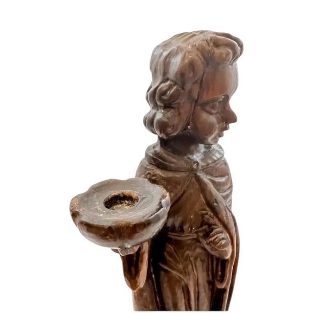 Brown Italian Baroque Artist, Carved Altar Candlestick Figure, 1700s, Walnut For Sale - Image 8 of 16