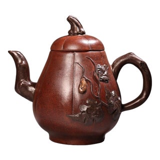 Vintage Chinese Yixing Zisha Clay Teapot - Organic Gourd Shape With Relief Vines & Fruit For Sale