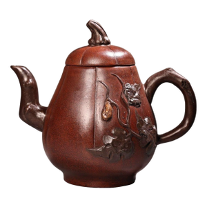 Vintage Chinese Yixing Zisha Clay Teapot - Organic Gourd Shape With Relief Vines & Fruit