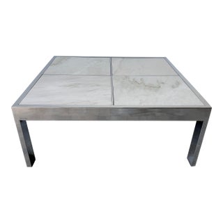1970s Leon Rosen for Pace Collection Portuguese Marble & Polished Stainless Steel Coffee Table For Sale
