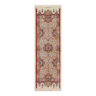 Nazmiyal Collection 1950s Fine Silk Pile Floral Vintage Persian Qum Short Runner Rug For Sale